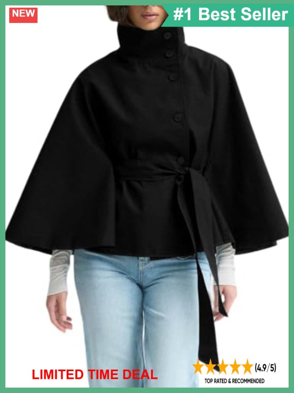Cropped Trench Coat Batwing Sleeve Cape Jacket with Belt